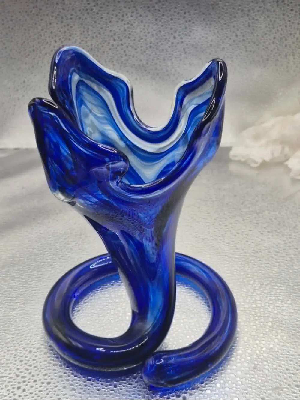 Vintage MCM Cobalt Blue Art Glass Trumpet Vase Swung Design by Sooner / Ozark Co